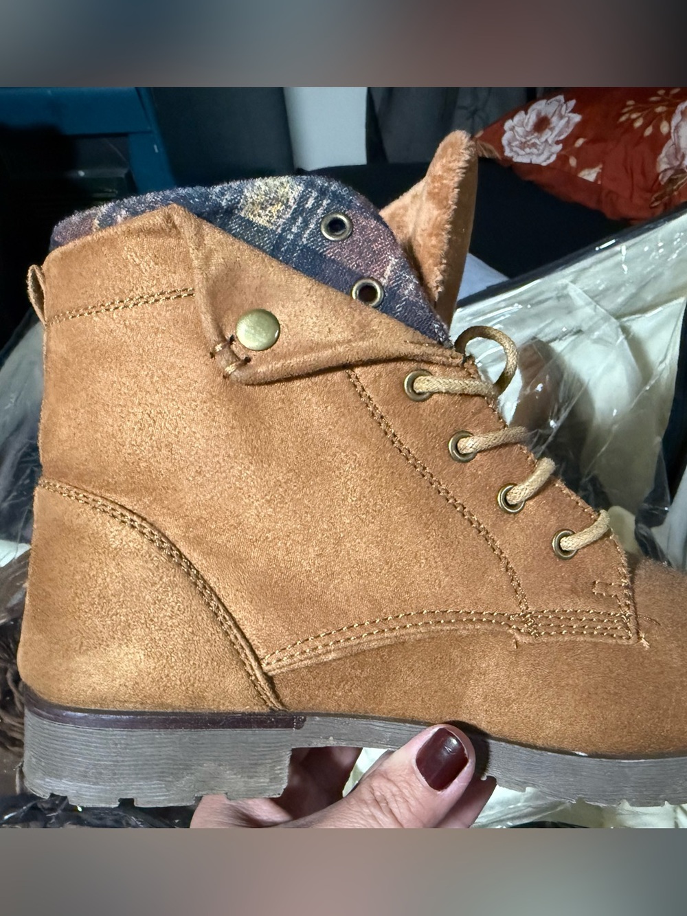 Rock & Candy Faux-Suede Lace-Up Boot in Camel with Plaid Insole
